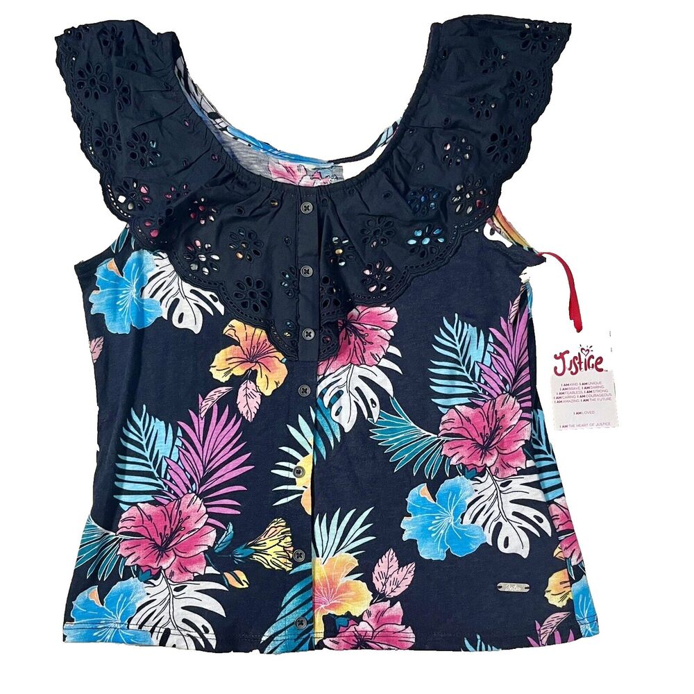 Girls Sleeveless Tropical Print Top W/ Black Ruffle Neckline And Buttons 12/14 L